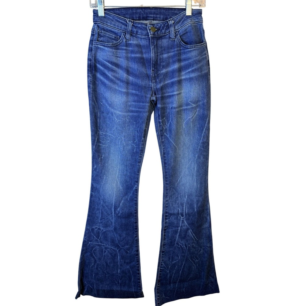 Etica Women Blue High Rise Flare Jeans Organic Cotton Raw Hem Size 25